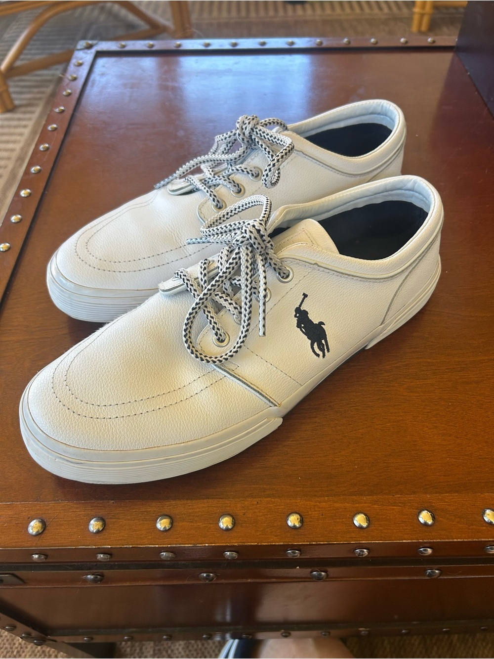 Ralph Lauren White Low-Top Leather Sneakers with Navy Blue Polo Logo